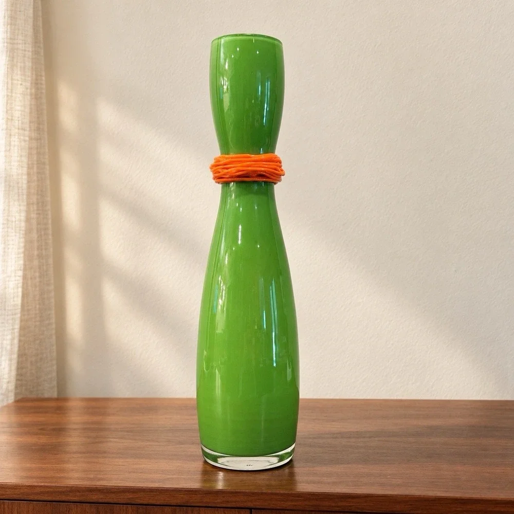Rony Plesl Signed Czech Bohemian Art Glass Vase Green Orange Hand Blown 13